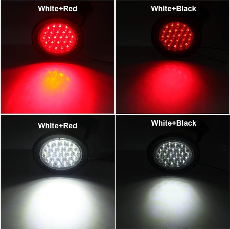 Partswcgg 4Pcs 4 Inch Round Led Stop Turn Tail Brake Backup Reverse Lights 24 LED Waterproof 4 Inch Round LED Trailer Tail Lights for Trucks RV W/Lights Grommets 3-Prong Trailer Wire Pigtails 12V (2Red+2White) - Image 3